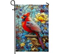 Bandiera da giardino cardinale vivace, decorazione floreale per esterni con uccelli rossi, striscione da cortile su entrambi i lati per primavera ed estate, stile vetro colorato, perfetto per la