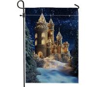 Bandiera da giardino castello d'inverno, bandiere decorative blu innevate, bandiera esterna double face in iuta per vacanze, decorazione prato nel paese delle meraviglie invernali, 30,5 x
