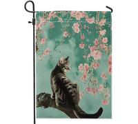 Bandiera Da Giardino Cat Cherry Flower Aesthetic Asian Art Tree Natural Cloud Teal Bandiere Decorative Resistente Al Sole Bandiera Da Cortile Colore Vivido Garden Flag Per Celebrazioni 30X45CM