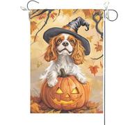 Bandiera Da Giardino Cavalier King Charles Spaniel Leaning Over The Scary Pumpkin, Halloween Fall Autumn Garden Flag Durevole Bandiera Verticale Colore Vivido Bandiera Da Cortile Per 30X45CM