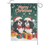 Bandiera Da Giardino Cavalier King Charles Spaniel Merry Christmas With Christmas Hat Scarf Xmas Bandiera Da Cortile Durevole Bandiera Verticale Colore Vivido Bandiere Decorative Per 30X45CM