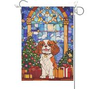 Bandiera Da Giardino Cavalier King Charles Spaniel With Vibrant Stained Glass Design And Flower Background Bandiera Da Cortile Premium Bandiere Decorative Antivento Per 30X45CM
