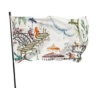 Bandiera da Giardino Cina Foresta Incantata Chinoiserie Bandiera Pittura Cinese Bandiera in Poliestere con 2 Occhielli in Ottone Striscione Colore Vivido e Resistente allo sbiadimento Bandiera da Giar