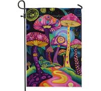 Bandiera da giardino colorata a forma di fungo, decorazione da esterno con funghi viola vibranti, striscione per prato su entrambi i lati per festival autunnali e Halloween, decorazione da giardino