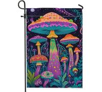 Bandiera da giardino colorata a forma di fungo psichedelico, bandiera decorativa per esterni, motivo funghi viola brillante, bandiera da cortile in iuta su entrambi i lati, decorazione per feste in