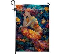 Bandiera da giardino colorata a forma di sirena, vivace scena subacquea oceanica, decorazione per la casa, bandiera artistica su entrambi i lati, decorazione stagionale per esterni, 30,5 x 45,7 cm
