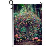 Bandiera da giardino colorata con albero fantasia, decorazione per esterni con funghi vivaci, striscione estivo su entrambi i lati, decorazione natalizia a tema natura, 30,5 x 45,7 cm