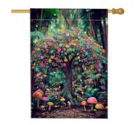 Bandiera da giardino colorata con albero fantasia, decorazione per esterni con funghi vivaci, striscione estivo su entrambi i lati, decorazione natalizia a tema natura fantasiosa, 71 x 101 cm