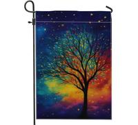 Bandiera da giardino colorata con albero notturno e cielo notturno, striscione decorativo per la casa con stelle vivaci, bandiera da giardino in iuta su entrambi i lati, per decorazione esterna del