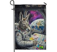 Bandiera da giardino colorata con asino astronauta, decorazione per esterni a tema spaziale vivace, striscione su entrambi i lati per tutte le stagioni, decorazione artistica per prato con animali