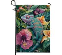 Bandiera da giardino colorata con camaleonti tropicali, decorazione floreale per rettili verdi vibranti, decorazione per esterni su entrambi i lati, decorazione per prato estivo, 30,5 x 45,7 cm