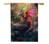 Bandiera da giardino colorata con drago, motivo arcobaleno fantasy rettile su roccia con ali luminose, stile mistico primaverile ed estivo, striscione da cortile a doppia faccia per decorazioni per