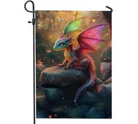 Bandiera da giardino colorata con drago, motivo arcobaleno fantasy rettile su roccia con ali luminose, stile mistico primaverile ed estivo, striscione da cortile a doppia faccia per decorazioni per