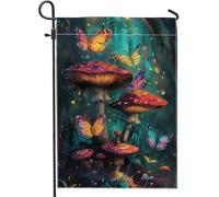 Bandiera da giardino colorata con funghi e farfalle, foresta vibrante per primavera ed estate, striscione esterno su entrambi i lati per prato e giardino, decorazione a tema natura fantasiosa 30,5 x
