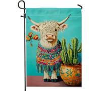 Bandiera da giardino colorata con mucca delle Highland, divertente decorazione turchese con cactus, striscione su entrambi i lati per decorazione esterna del prato 30,5 x 45,7 cm