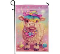 Bandiera da giardino colorata con mucca delle Highlands, colore blu pastello e pesca, bestiame felice, decorazione per la casa e il cortile, in iuta su entrambi i lati, decorazione per prato pasquale