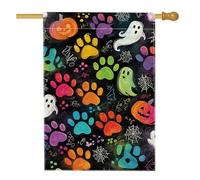 Bandiera da giardino colorata con stampa di zampa di Halloween, fantasmi neri, zucche decorative per animali, bandiera da giardino in iuta su entrambi i lati, decorazione per prato all'aperto, 71 x