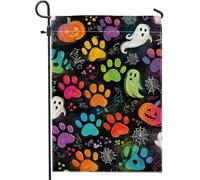 Bandiera da giardino colorata con stampa di zampa di Halloween, fantasmi neri, zucche decorative per animali, bandiera su entrambi i lati in iuta da cortile decorazione per prato esterno 30,5 x 45,7