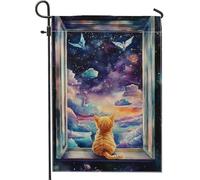 Bandiera da giardino colorata con stelle che guardano gatti, bandiera arancione felino spazio cielo decorazione per esterni, bandiera su entrambi i lati per la decorazione del giardino del prato