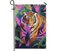 Bandiera da giardino colorata con tigre, vivace bandiera della giungla, decorazione esterna su entrambi i lati per feste estive, decorazione per prato con animali tropicali, 30,5 x 45,7 cm