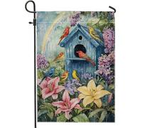 Bandiera da giardino colorata con uccelli e fiori, bandiera blu brillante per la casa degli uccelli, decorazione per la casa, decorazione per prato all'aperto a doppia faccia per qualsiasi vacanza