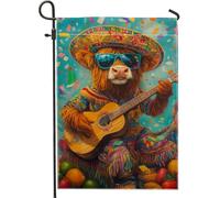 Bandiera da giardino colorata e funky alpaca, con occhiali da sole vibranti che suonano la chitarra, decorazione con animali, bandiera da cortile su entrambi i lati, per la decorazione estiva della