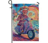 Bandiera da giardino colorata hippy scooter, viola retrò ciclomotore floreale decorazione per la casa, bandiera da cortile in iuta su entrambi i lati, decorazione per prato esterno 30,5 x 45,7 cm