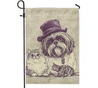 Bandiera da giardino con affascinante gatto e cane, illustrazione di animali viola, decorazione per esterni, striscione per la casa tutto l'anno, bandiera da cortile in stile vintage per gli amanti