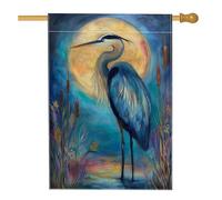 Bandiera da giardino con airone blu, decorazione colorata con luna e uccello, bandiera da cortile in iuta su entrambi i lati, decorazione per prato all'aperto primaverile ed estate, banner per vacanze