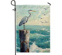 Bandiera da giardino con airone costiero, motivo onde dell'oceano blu, bandiere per esterni, bandiera da giardino in iuta su entrambi i lati, per la decorazione estiva della casa, 30,5 x 45,7 cm