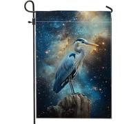 Bandiera da giardino con airone vivace, decorazione per esterni cosmica con uccellini blu, striscione su entrambi i lati per prato per tutto l'anno, decorazione per la casa e il giardino, 30,5 x 45,7