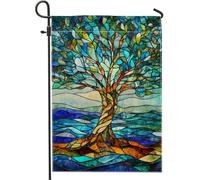 Bandiera da giardino con albero colorato, motivo foglie blu e verdi, decorazione per la casa, in vetro colorato su entrambi i lati, decorazione per prato all'aperto, per tutto l'anno, 30,5 x 45,7 cm
