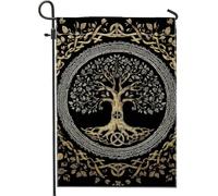 Bandiera da giardino con albero della pace, albero dell'armonia nero e oro, decorazione per esterni, striscione naturale stagionale per casa e giardino, bandiera da cortile in tessuto su entrambi i