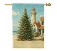 Bandiera da giardino con albero di Natale costiero, decorazione verde per le vacanze con faro e regali, striscione da cortile in iuta su entrambi i lati per decorazione esterna del prato 71 x 101 cm