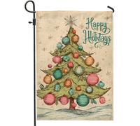 Bandiera da giardino con albero di Natale, ornamenti vintage a forma di stella verde su entrambi i lati, piccola bandiera da giardino per esterni, patio, prato, portico anteriore, balcone, 30,5 x 45,7