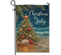 Bandiera da giardino con albero di Natale, stella marina tropicale e conchiglia, in iuta verde, su entrambi i lati, decorativa, per esterni, patio, prato, portico, balcone, 30,5 x 45,7 cm