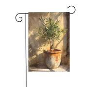 Bandiera da giardino con albero di ulivo in un vecchio vaso, 30 x 45 cm, verticale, double face, decorazione per casa colonica e per esterni