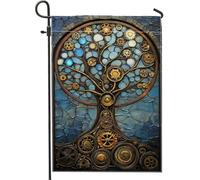Bandiera da giardino con albero Steampunk, bandiera blu con ingranaggi e cocci, decorazione per la casa, bandiera stagionale su entrambi i lati, per decorazione del prato all'aperto, 30,5 x 45,7 cm