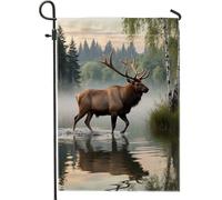 Bandiera da giardino con alci, realistica foresta con cascata d'acqua, verde, su entrambi i lati, bandiere decorative per esterni, prato, portico, patio, ingresso, 30,5 x 45,7 cm