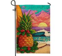 Bandiera da giardino con ananas, spiaggia tropicale, tramonto, oceano, estate, gialla, double face, decorativa, per esterni, patio, prato, portico, ingresso, campeggio, 30,5 x 45,7 cm