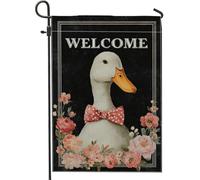 Bandiera da giardino con anatra di benvenuto, bandiera nera floreale per la casa, bandiera da cortile in iuta su entrambi i lati, per la primavera e l'estate, decorazione esterna 30,5 x 45,7 cm