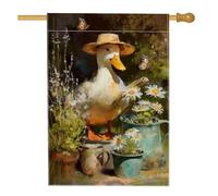Bandiera da giardino con anatra primaverile ed estiva, uccello bianco con fiori e farfalle, striscione decorativo per esterni, bandiera da giardino in iuta su entrambi i lati per decorazione del prato
