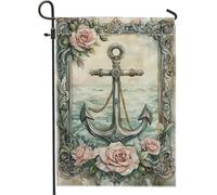 Bandiera da giardino con ancora nautica, decorazione floreale per esterni con rose di pesca morbide, striscione per la casa su entrambi i lati, cartello estivo in stile spiaggia, decorazione a tema