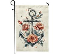 Bandiera da giardino con ancora nautica estiva, decorazione floreale nera e rossa, decorazione per la casa da cortile, in cotone su entrambi i lati, per feste a tema prato all'aperto, 30,5 x 45,7 cm