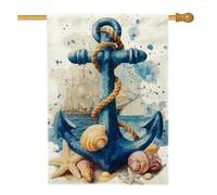 Bandiera da giardino con ancoraggi nautici, decorazione marina blu con conchiglie e nave, striscione da cortile in iuta su entrambi i lati, per decorazione estiva per prato all'aperto, 71 x 101 cm
