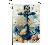 Bandiera da giardino con ancoraggi nautici, decorazione marina blu con conchiglie e nave, striscione in iuta su entrambi i lati per decorazione estiva per prato esterno 30,5 x 45,7 cm