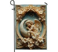 Bandiera da giardino con angelo di luna, decorazione floreale color crema, bandiera in tela a doppia faccia per la casa decorazione del prato stagionale, design spirituale per feste di vacanza