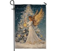 Bandiera da giardino con angelo, lanterna natalizia con albero di Natale, bianca su entrambi i lati, piccola bandiera da giardino per esterni, portico, prato, patio, terrazza, 30,5 x 45,7 cm