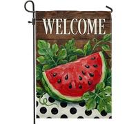 Bandiera da giardino con anguria, foglie rustiche estive a pois neri in iuta rossa estiva su entrambi i lati, bandiere decorative per esterni, patio, prato, portico, ingresso, campeggio, 30,5 x 45,7