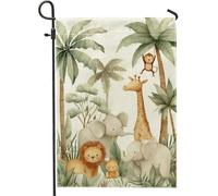 Bandiera da giardino con animali amici, morbido beige con creature della giungla, striscione decorativo per la casa, bandiera in iuta su entrambi i lati, decorazione per esterni, feste, prato, 30,5 x